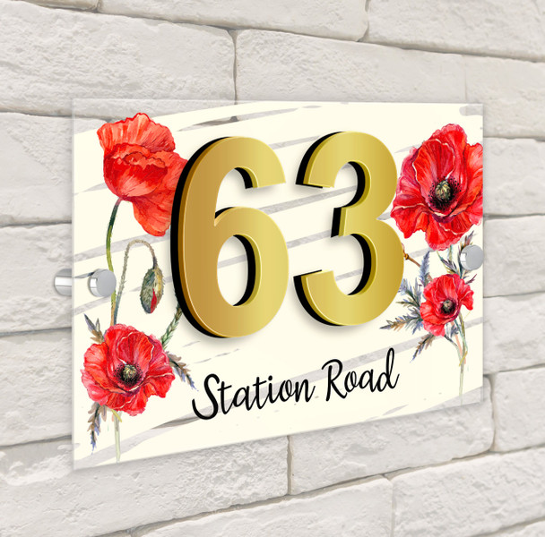 Poppy Flower Red 3D Acrylic House Address Sign Door Number Plaque