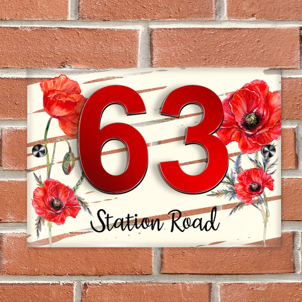Poppy Flower Red 3D Acrylic House Address Sign Door Number Plaque