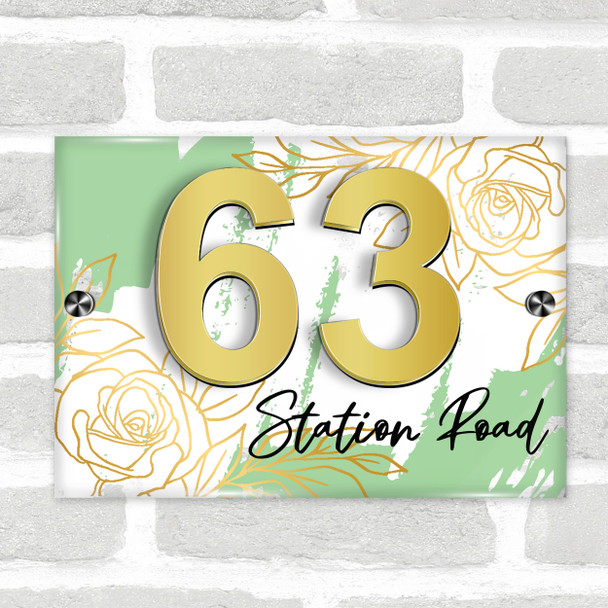 Sage Green Gold Rose 3D Acrylic House Address Sign Door Number Plaque