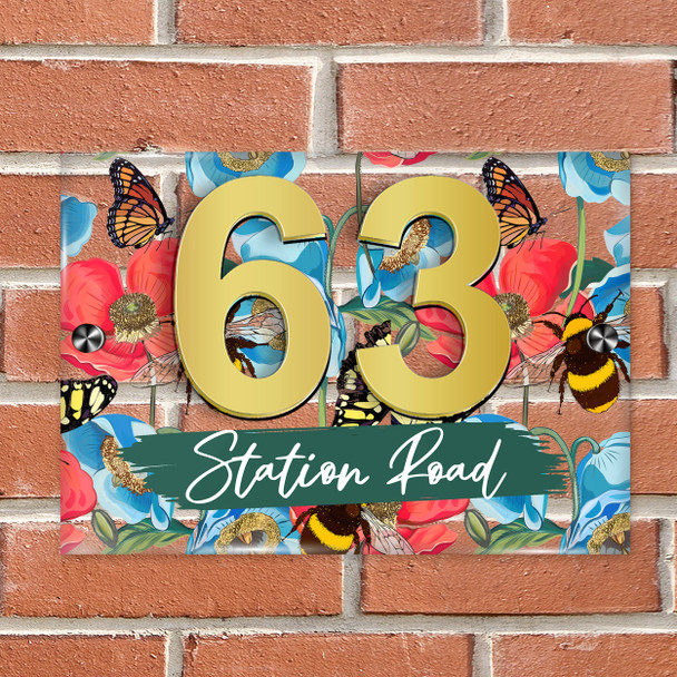 Bees Butterflies & Flowers 3D Acrylic House Address Sign Door Number Plaque