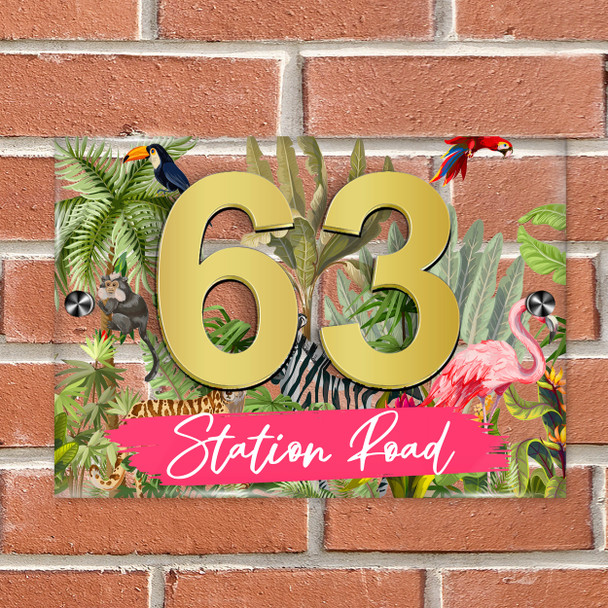 Jungle Leaves Animals Flamingo 3D Acrylic House Address Sign Door Number Plaque