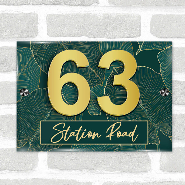 Green & Gold Leaves Foliage 3D Acrylic House Address Sign Door Number Plaque