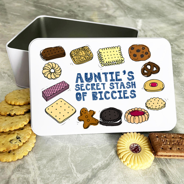 Personalised Auntie's Secret Stash Of Biccies Cake Treat Sweets Biscuit Tin