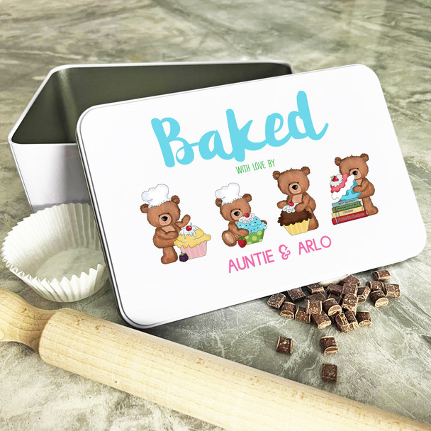 Personalised Baked With Love Cute Bears Auntie Biscuit Baking Sweets Cake Tin