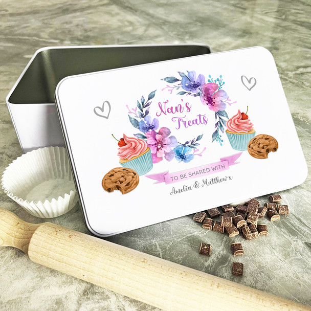 Personalised Nans Treat Flowers Cookie Cup Biscuit Baking Treats Sweets Cake Tin