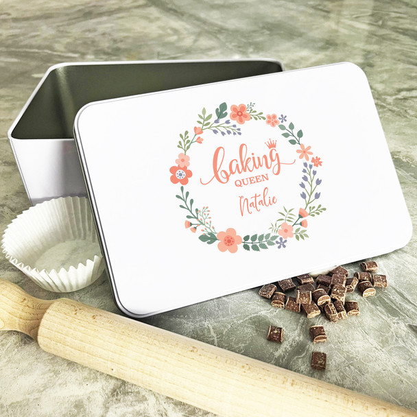 Personalised Peach Floral Wreath Baking Queen Biscuit Baking Sweets Cake Tin