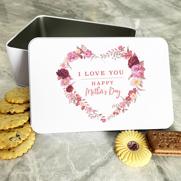 Personalised Heart Wreath I Love You Mothers Day Biscuit Sweets Cake Treat Tin