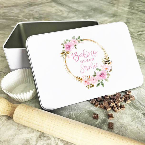 Personalised Floral Wreath Baking Queen Biscuit Baking Treats Sweets Cake Tin