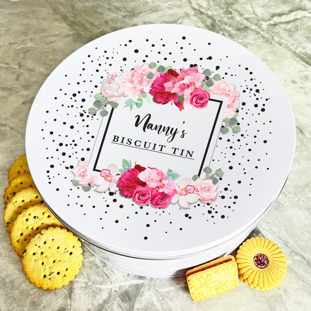 Personalised Round Black Dots Roses Leaves Nannys Cake Treat Sweets Biscuit Tin
