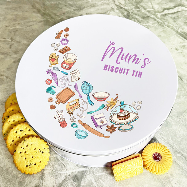 Personalised Round Cartoon Style Baking Tools Mums Cake Treat Sweets Biscuit Tin