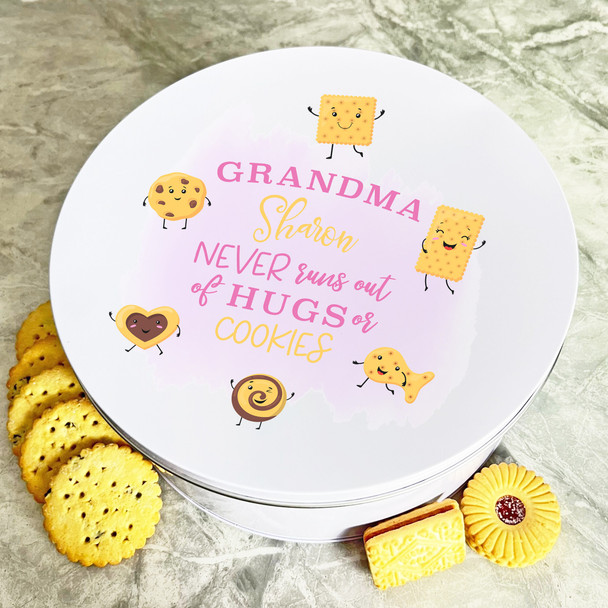 Personalised Round Cute Grandma Hugs Cookies Pink Cake Treat Sweets Biscuit Tin
