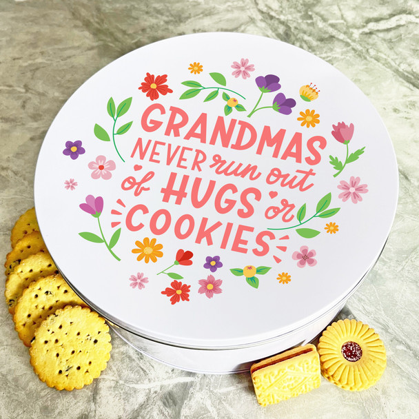 Personalised Round Grandmas Hugs & Cookies Flowers Cake Treat Sweets Biscuit Tin