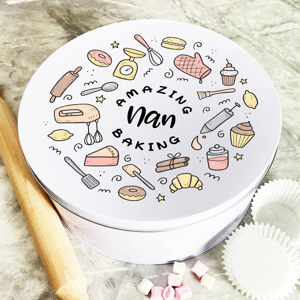 Personalised Round Amazing Baking Nan Cooking Icons Biscuit Sweets Cake Tin