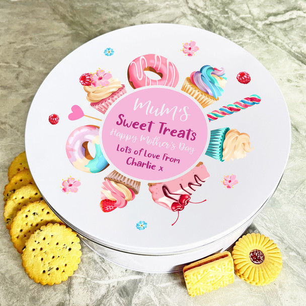 Personalised Round Mum's Doughnuts Biscuit Treats Sweets Cake Mother's Day Tin