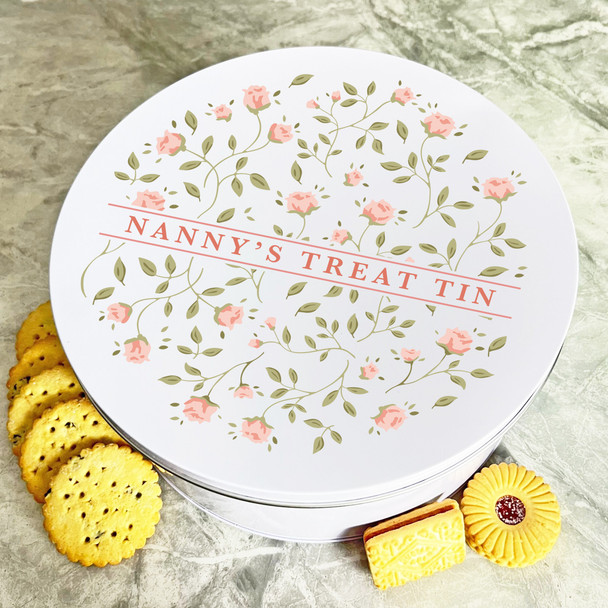 Personalised Round Pastel Peach Pink Roses Nanny's Biscuit Sweets Cake Treat Tin