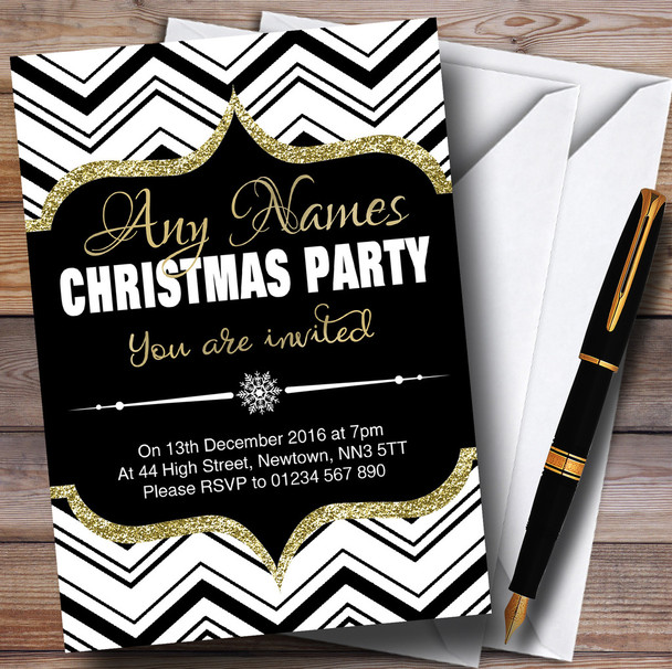 Chevrons Black White & Gold Customised Christmas Party Invitations