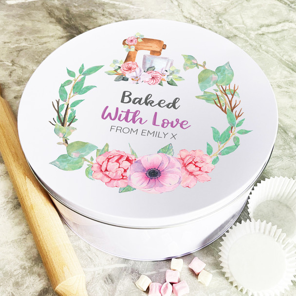 Personalised Round Baked With Love Flower From Biscuit Baking Sweets Cake Tin