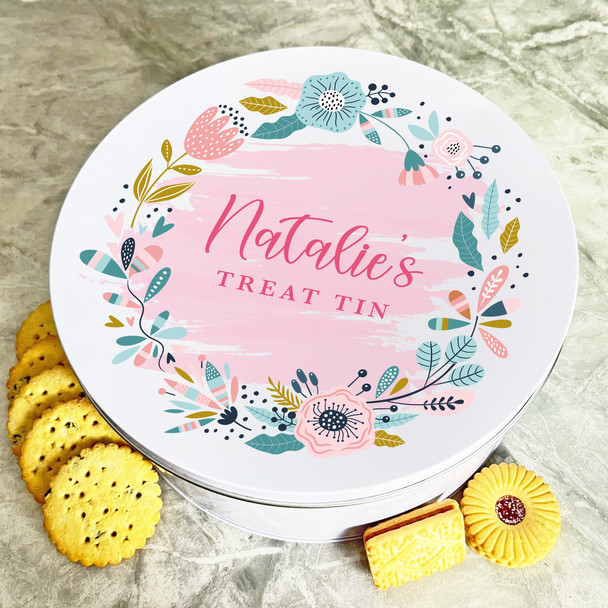 Personalised Round Splash Turquoise Flowers Wreath Biscuit Sweets Cake Treat Tin