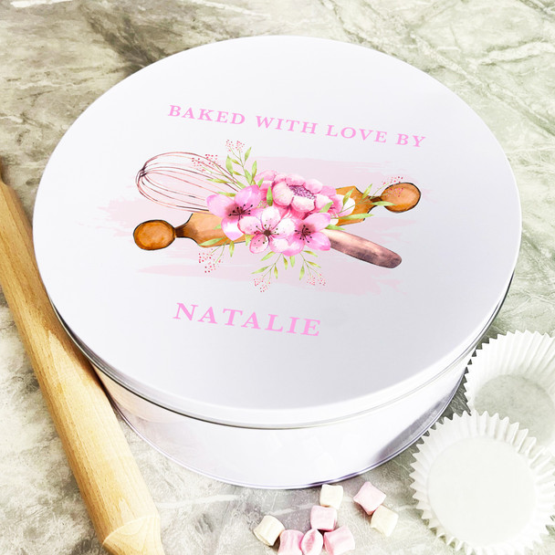 Personalised Round Flowers Baked With Love Biscuit Baking Treats Sweets Cake Tin