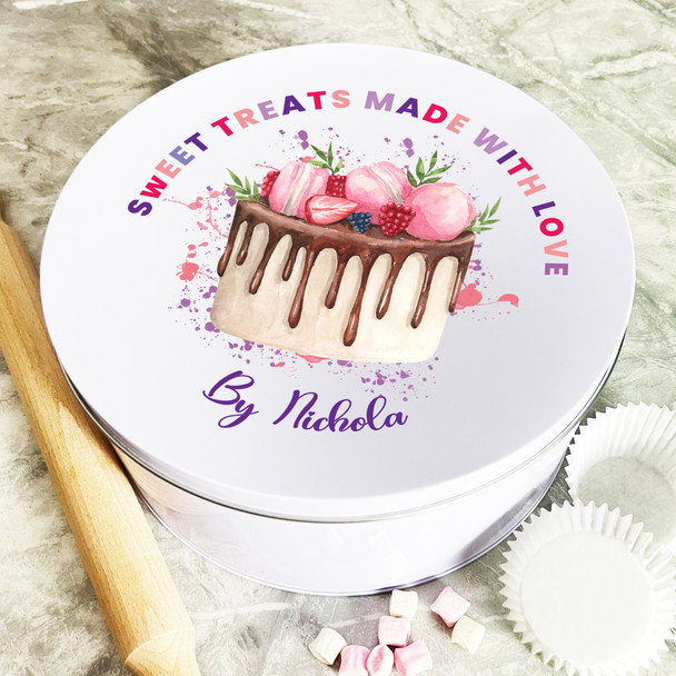 Personalised Round Made With Love Purple Biscuit Baking Treats Sweets Cake Tin