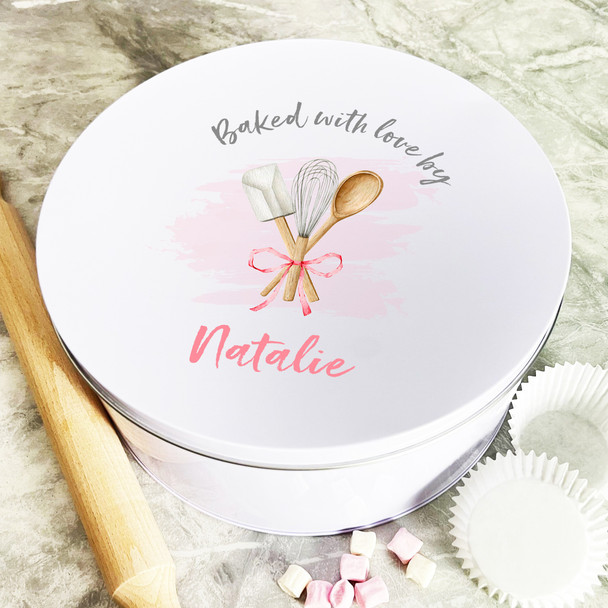 Personalised Round Pink Baked With Love Biscuit Baking Treats Cake Tin