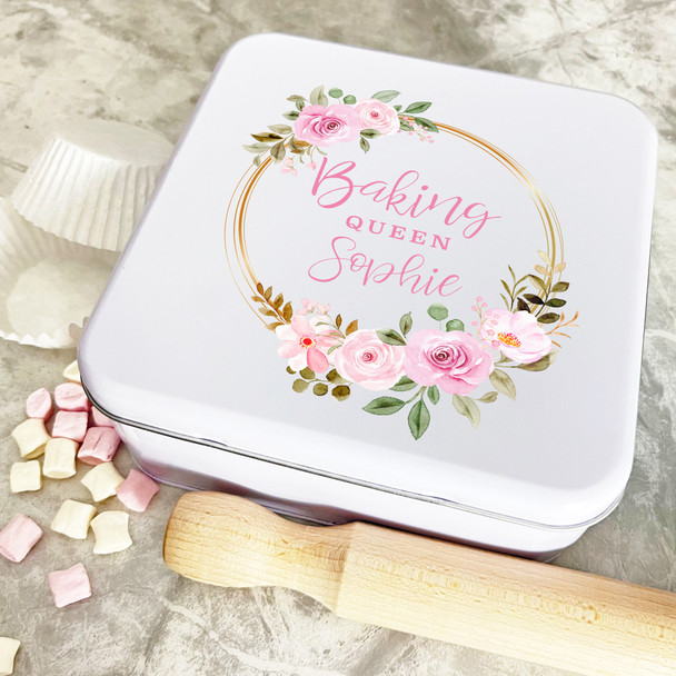 Personalised Square Watercolour Baking Queen Biscuit Treats Sweets Cake Tin