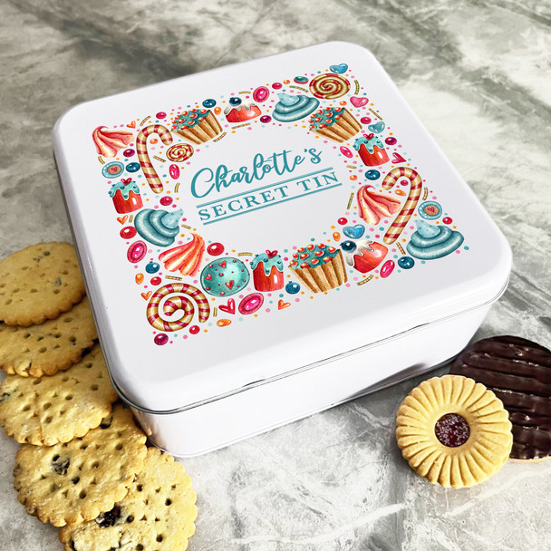 Personalised Square Sweets Pastry Secret Biscuit Sweets Cake Treat Tin