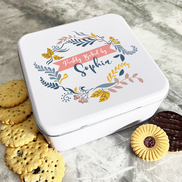 Personalised Square Branches Freshly Baked By Biscuit Sweets Cake Treat Tin