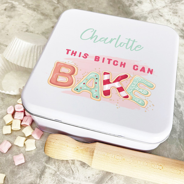 Personalised Square Cookies Font Bitch Can Bake Biscuit Baking Sweets Cake Tin