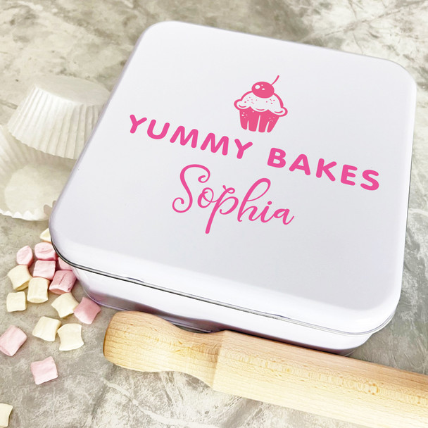 Personalised Square Cherry Pink Yummy Bakes Biscuit Baking Treats Cake Tin