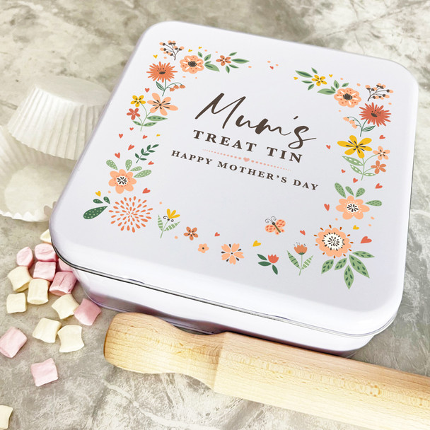 Personalised Square Floral Frame Peach Mum's Treat Mother's Day Cake Tin