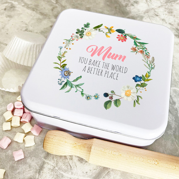 Personalised Square Mum Bake The World A Better Place Biscuit Baking Cake Tin