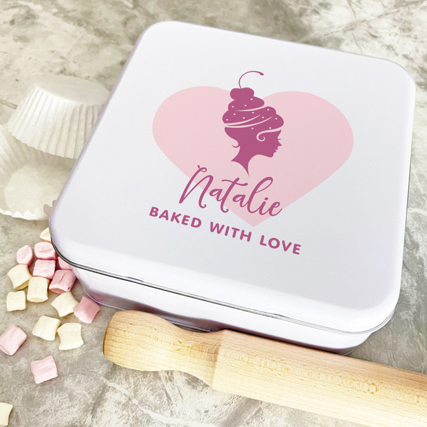 Personalised Square Cherry Pink Bake With Love Biscuit Baking Treats Cake Tin