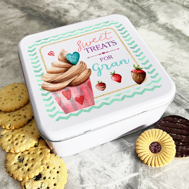 Personalised Square Biscuit Baking Sweets Cake Strawberries Gran Treat Tin