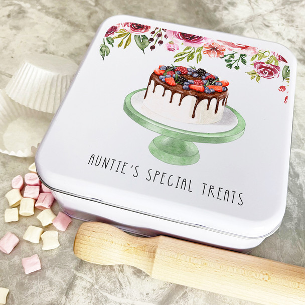 Personalised Square Aunties Special Treats Floral Biscuit Baking Sweets Cake Tin