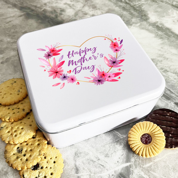 Personalised Square Flowers Gold Heart Mothers Day Biscuit Sweets Cake Treat Tin
