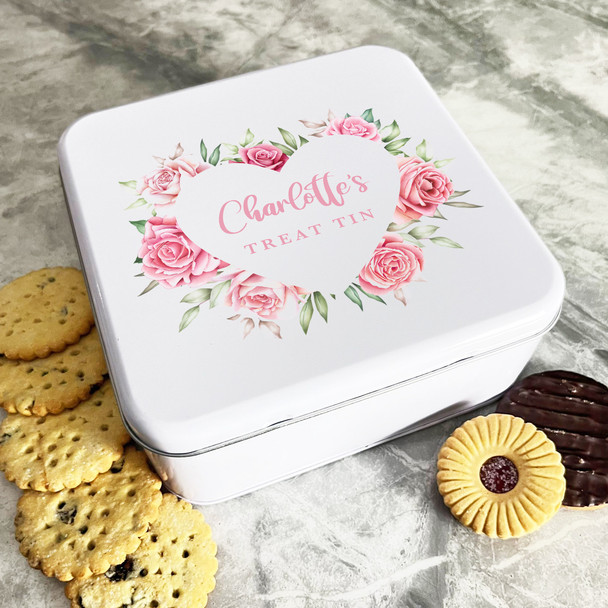 Personalised Square Heart Roses Wreath Biscuit Sweets Cake Treat Tin