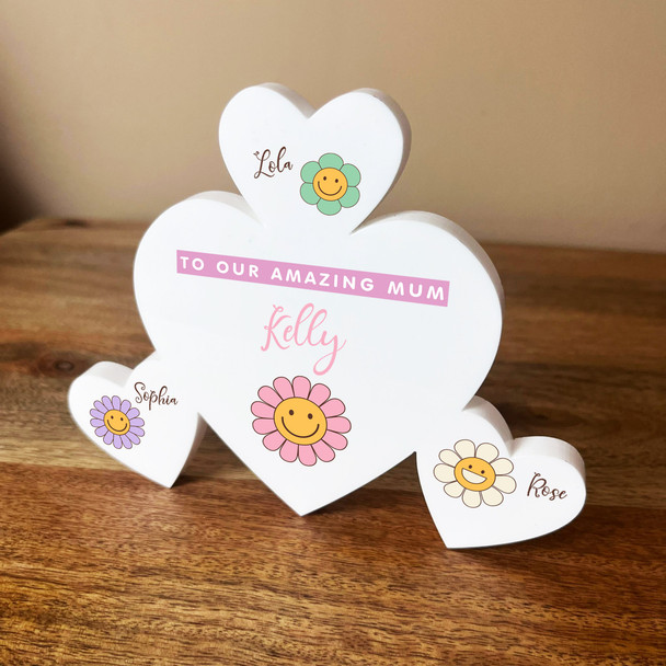 Mum Daisy Flowers Family Hearts 1 Big 3 Small Personalised Gift Acrylic Ornament