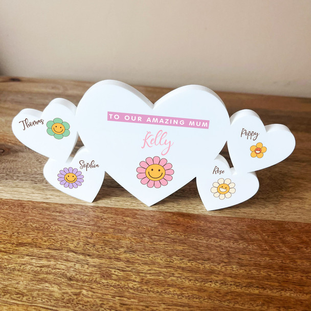 Mum Daisy Flowers Family Hearts 1 Big 4 Small Personalised Gift Acrylic Ornament