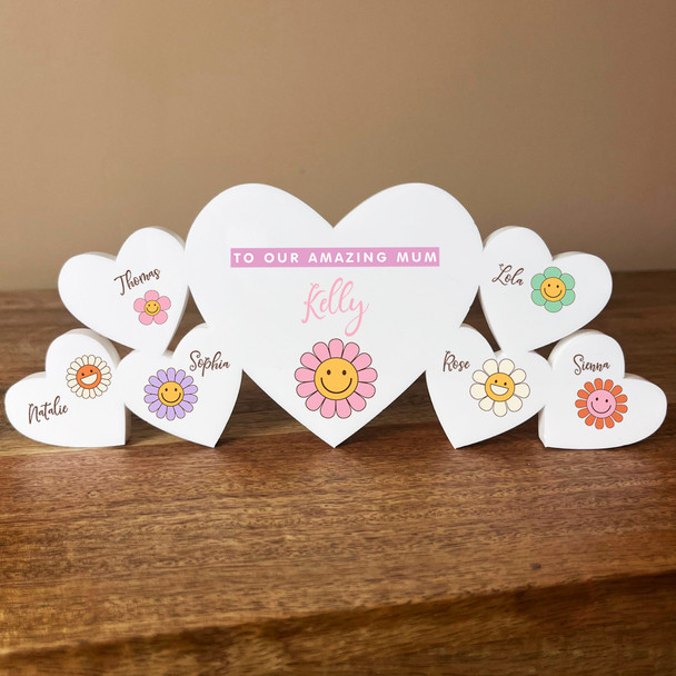 Mum Daisy Flowers Family Hearts 1 Big 6 Small Personalised Gift Acrylic Ornament