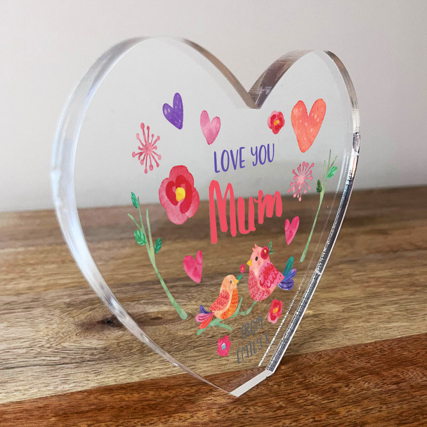 Love You Mum Birds Flowers Clear Heart Shaped Personalised Gift Acrylic Ornament