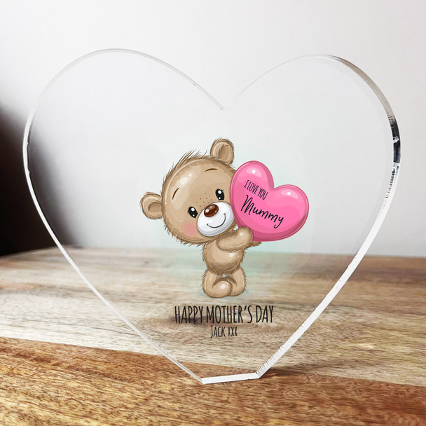 Cute Teddy Bear Boy Clear Heart Shaped Personalised Gift Acrylic Block Ornament