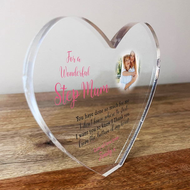 Step Mum Thank You Photo Clear Heart Shaped Personalised Gift Acrylic Ornament