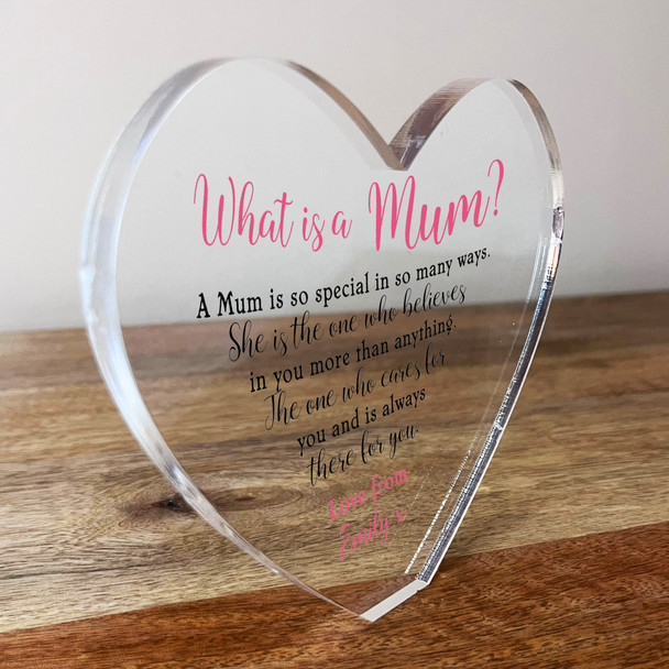 What Is A Mum Poem Clear Heart Shaped Personalised Gift Acrylic Block Ornament