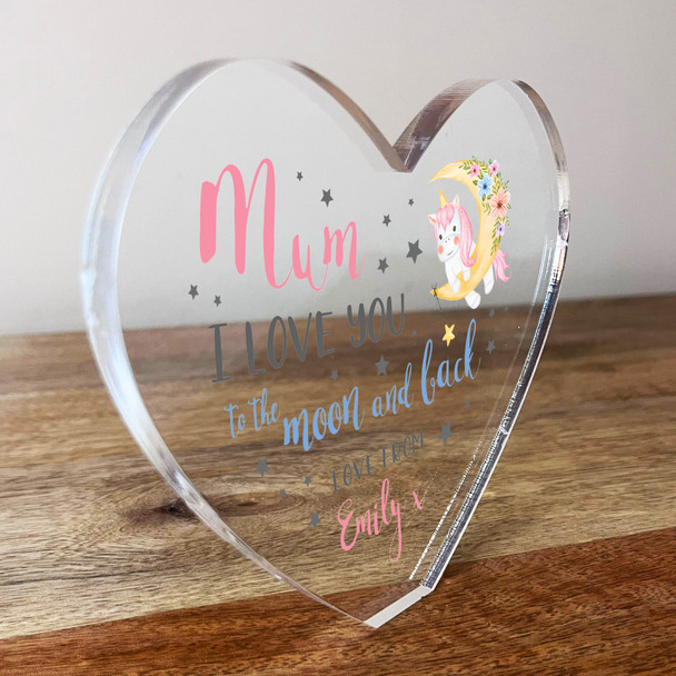 Mum Love You To The Moon Unicorn Clear Heart Shaped Personalised Acrylic Gift
