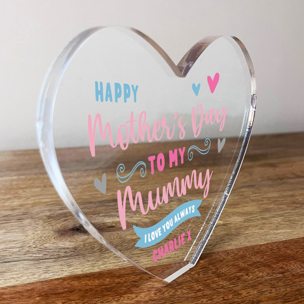 Mummy Happy Mother's Day Blue Clear Heart Shaped Personalised Acrylic Gift