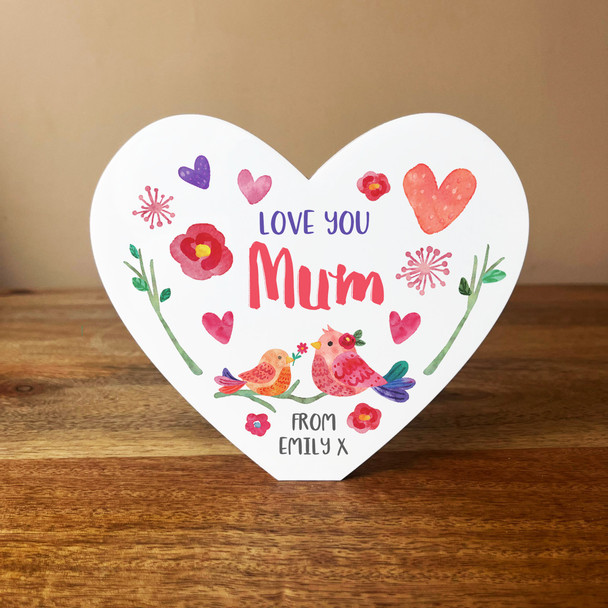 Love You Mum Birds Flowers Heart Shaped Personalised Gift Acrylic Block Ornament