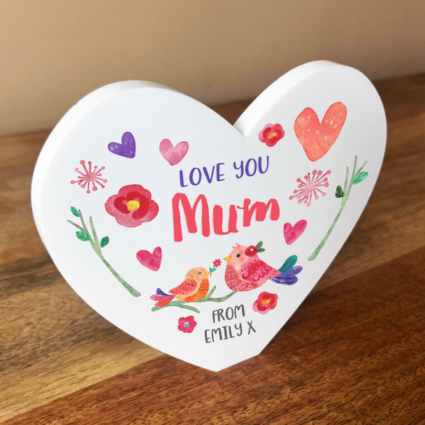 Love You Mum Birds Flowers Heart Shaped Personalised Gift Acrylic Block Ornament