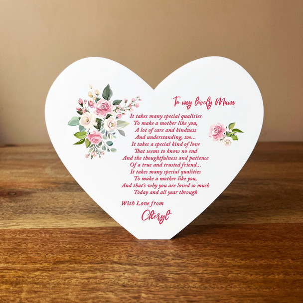 Mum Poem Rose Flowers Heart Shaped Personalised Gift Acrylic Block Ornament