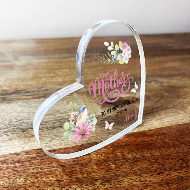 Pastel Floral Bird Mother's Day Clear Tilted Heart Personalised Acrylic Gift